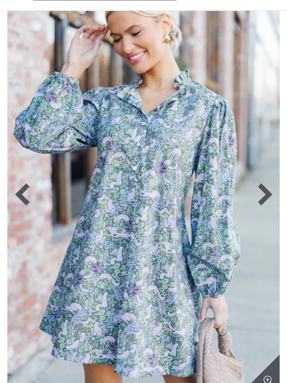 Ladies Small Green & Lavender Floral Long Sleeve Swing Dress